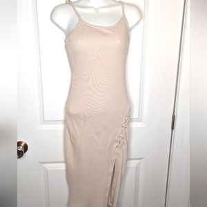 Midi cotton dress, nude with split